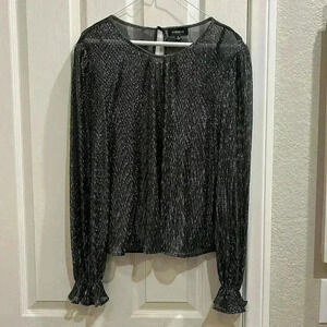 Evereve Shimmer Holiday Sheer Top Ruffle Blouse Black Silver Metallic Sz Small